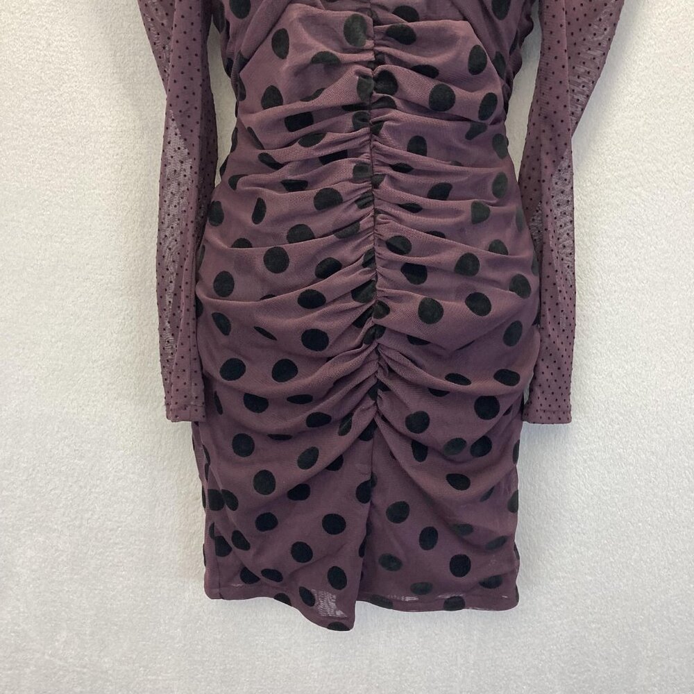 UNITEDWOOD Puff Sleeve Ruched Mesh Dress Womens 4 Purple Black Polka Dot Bodycon - Picture 7 of 14